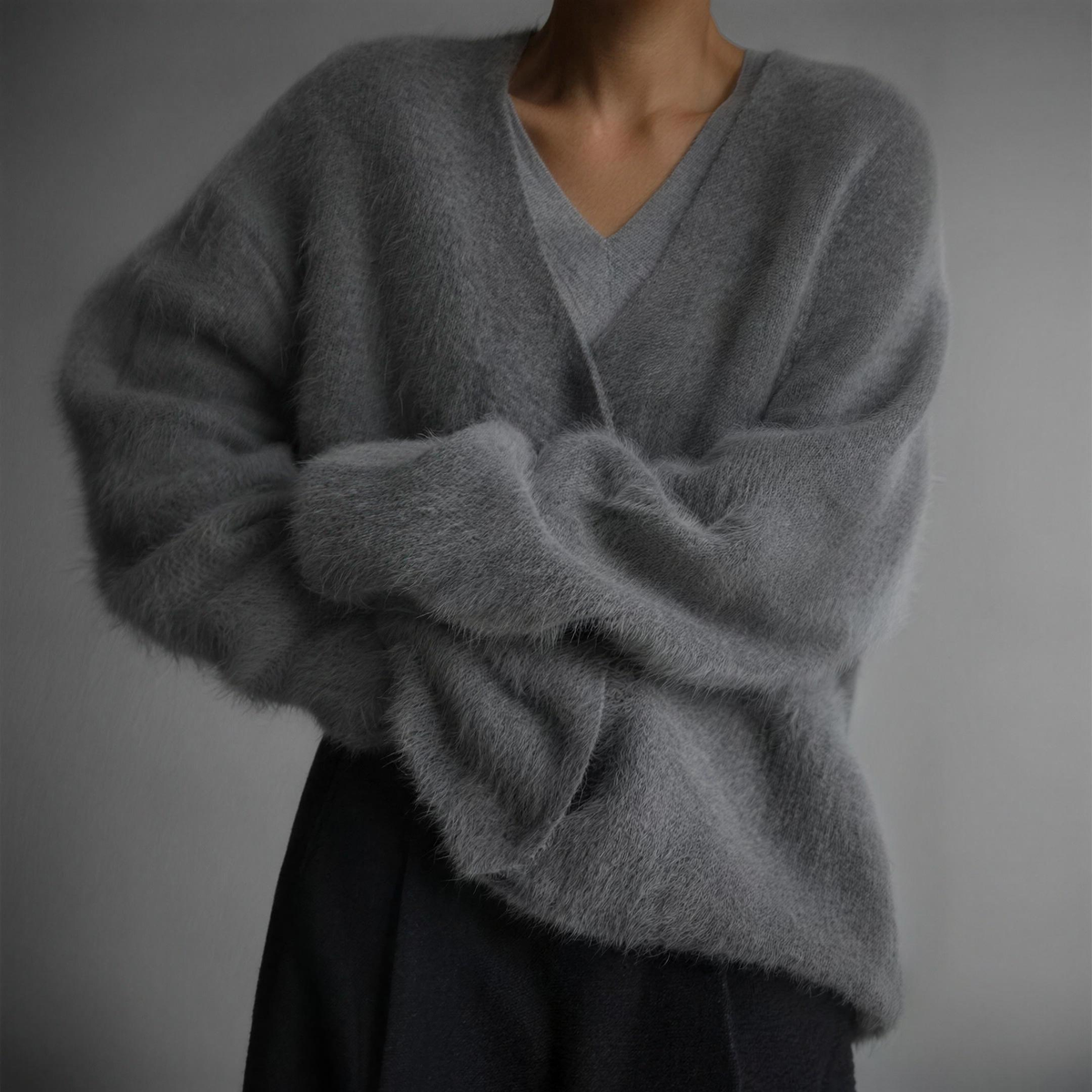 soft fluffy v-neck women's button front knit cardigan - grey - image 4