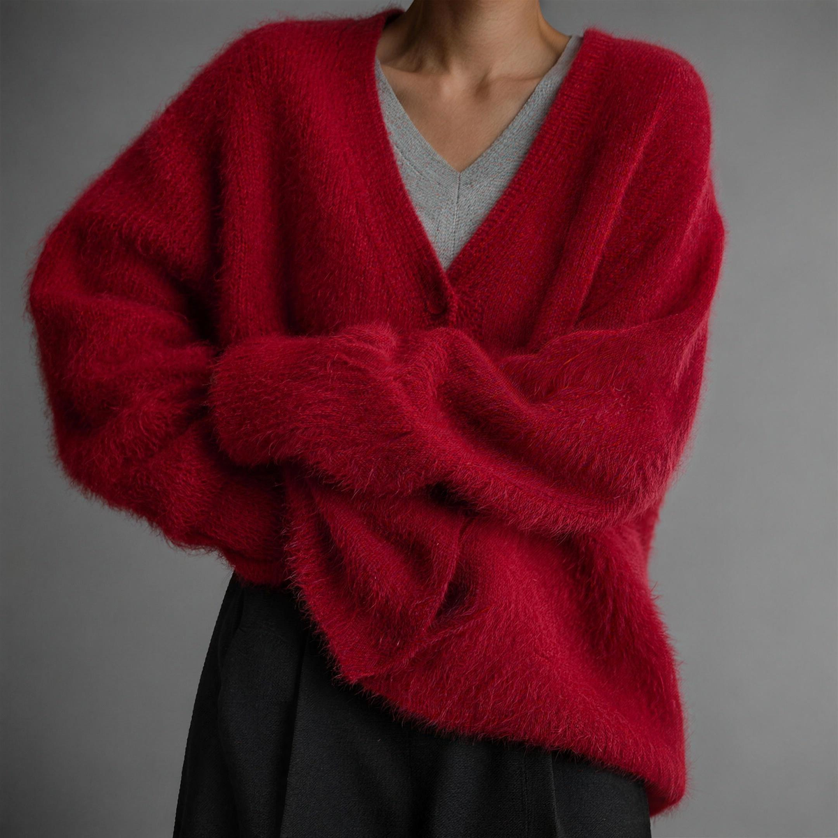 soft fluffy v-neck women's button front knit cardigan - red - image 7
