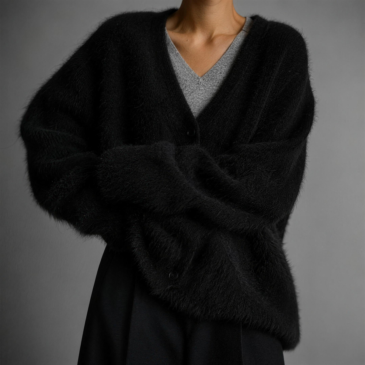 soft fluffy v-neck women's button front knit cardigan - black - image 5