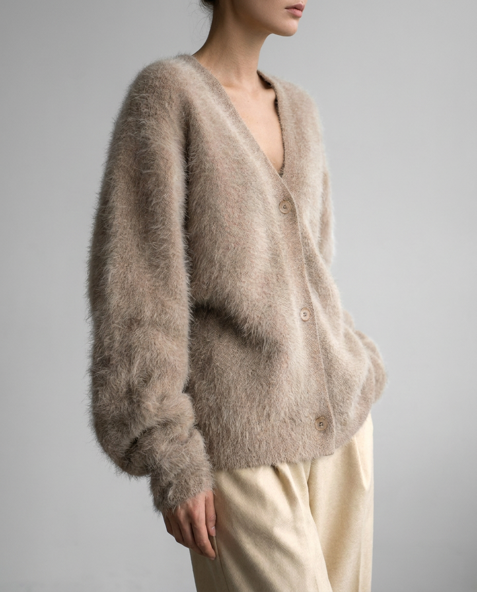 fluffy v-neck button women's oversized knit cardigan - three-quarter view - image 7