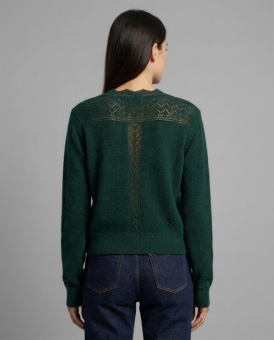 cropped pointelle women's lace trim v-neck knit cardigan - back view - image 2