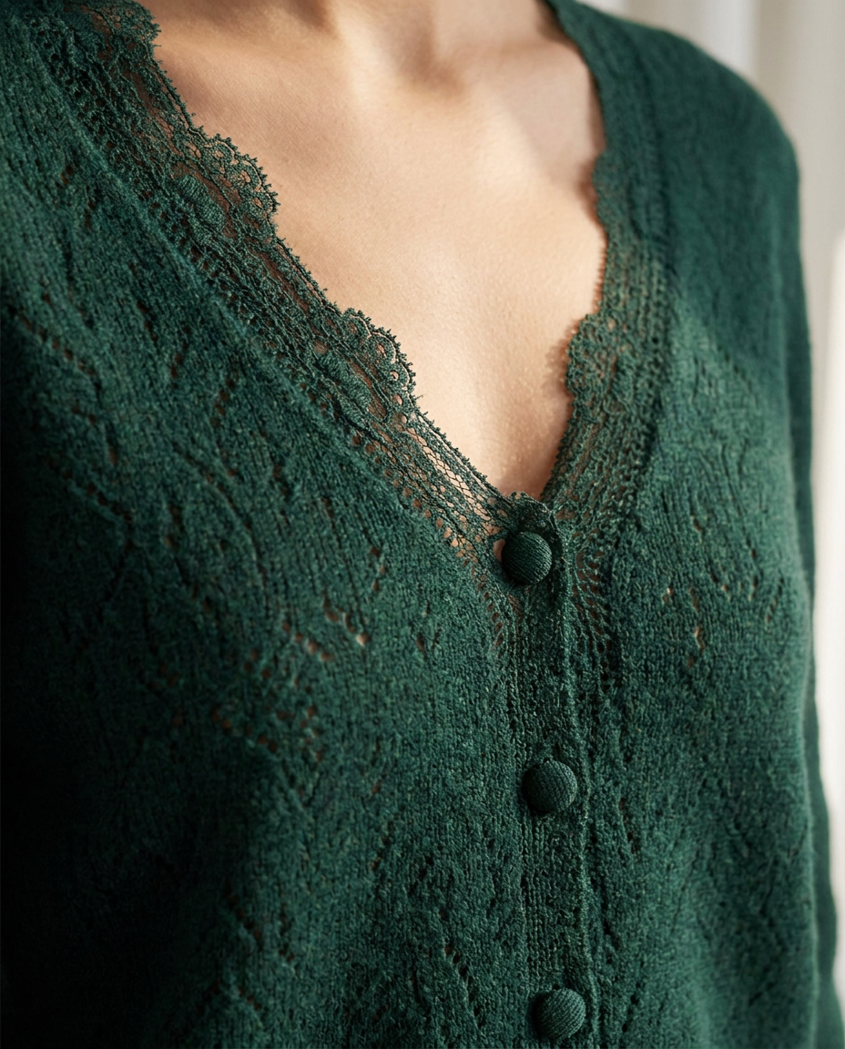 cropped pointelle women's lace trim v-neck knit cardigan - close-up - image 3