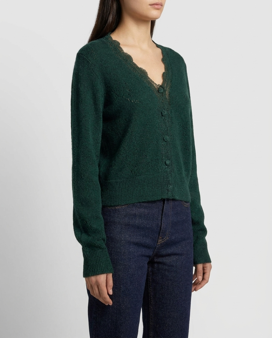 cropped pointelle women's lace trim v-neck knit cardigan - three-quarter view - image 4