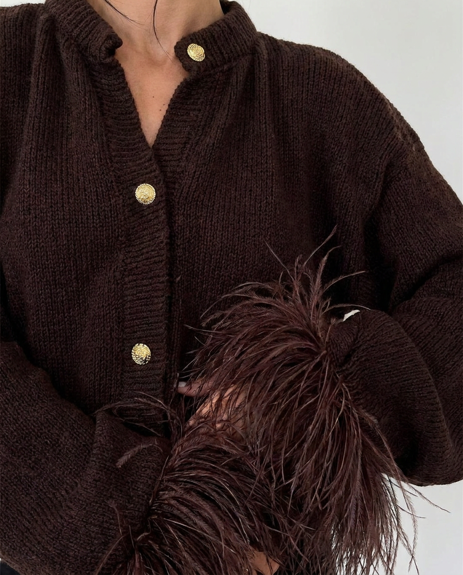 feather trim v-neck women's button front knit cardigan - close-up - image 4