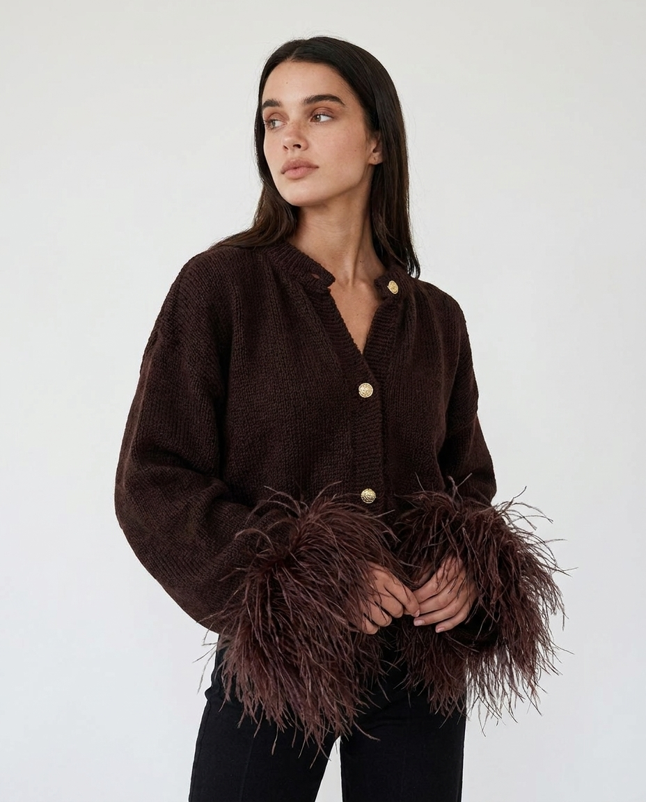 feather trim v-neck women's button front knit cardigan - three-quarter view - image 5