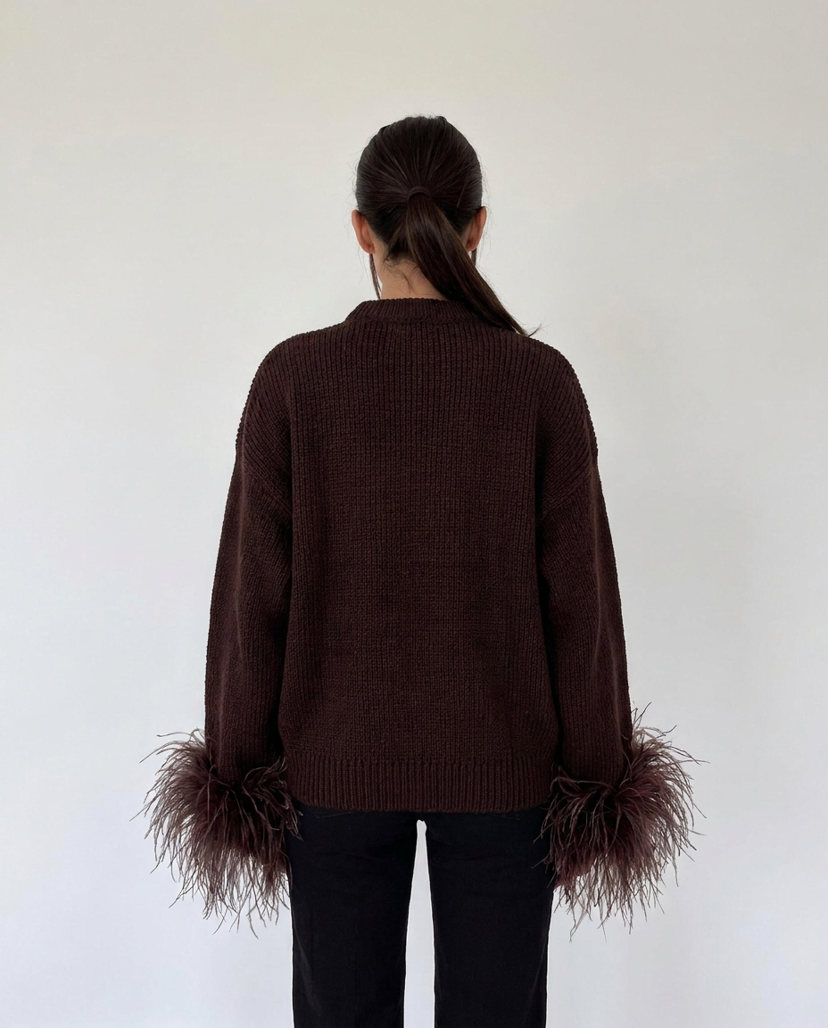 feather trim v-neck women's button front knit cardigan - back view - image 3