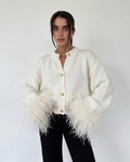 feather trim v-neck women's button front knit cardigan - white - image 2