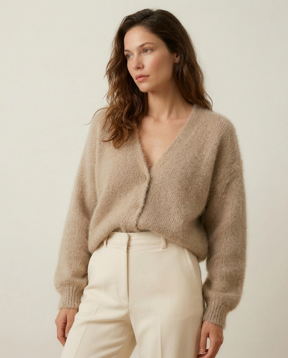 soft fluffy v-neck women's button front knit cardigan - three-quarter view - image 11