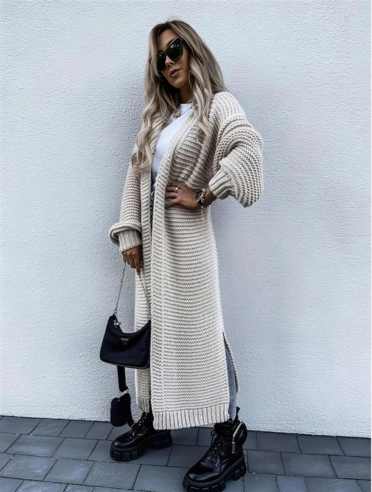 long open-front women's cotton cardigan with ribbed cuffs - beige - image 2