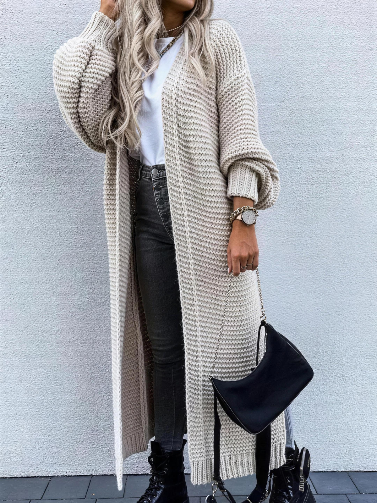 long open-front women's cotton cardigan with ribbed cuffs - beige - image 3