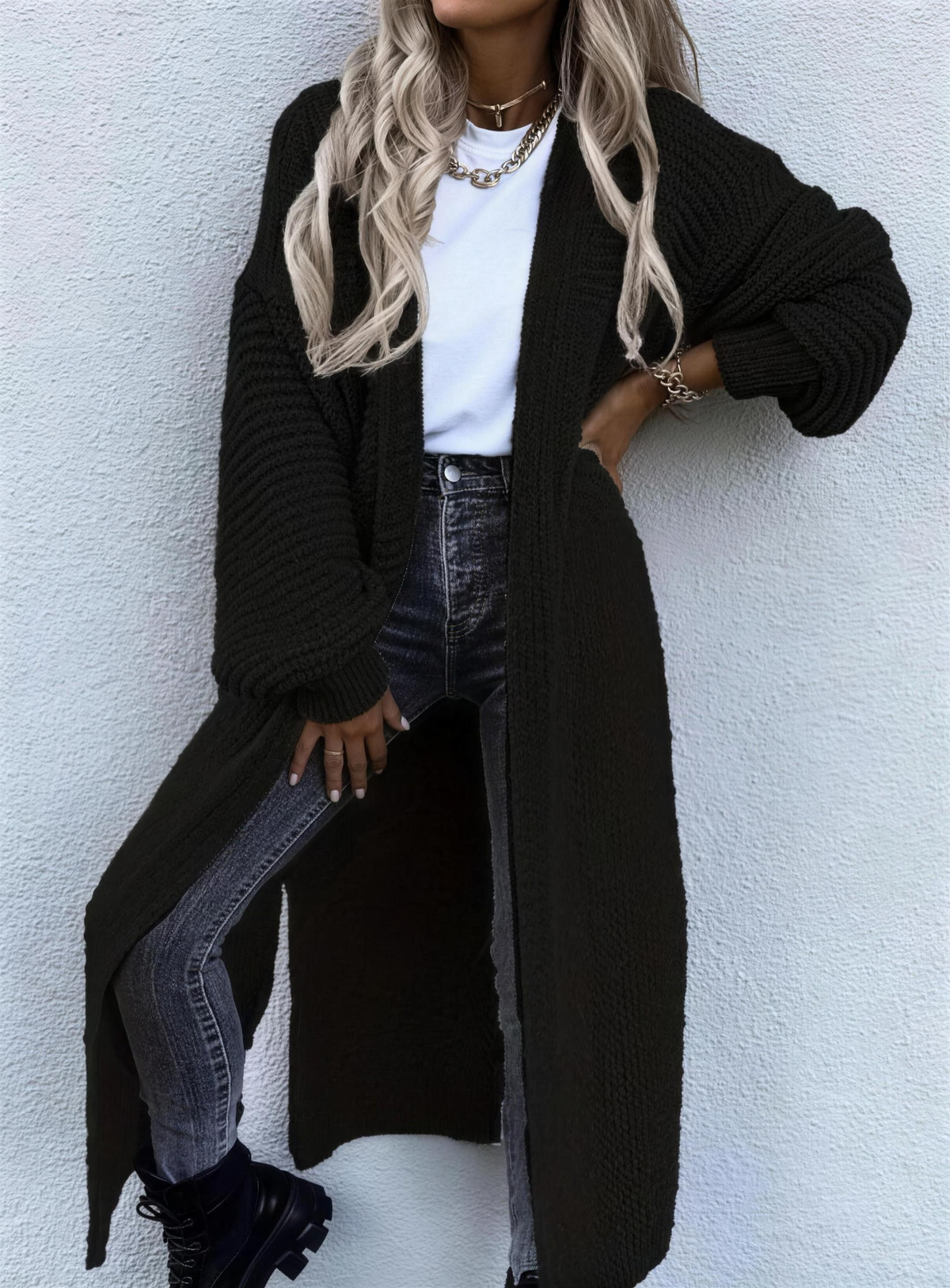 long open-front women's cotton cardigan with ribbed cuffs - black - image 5