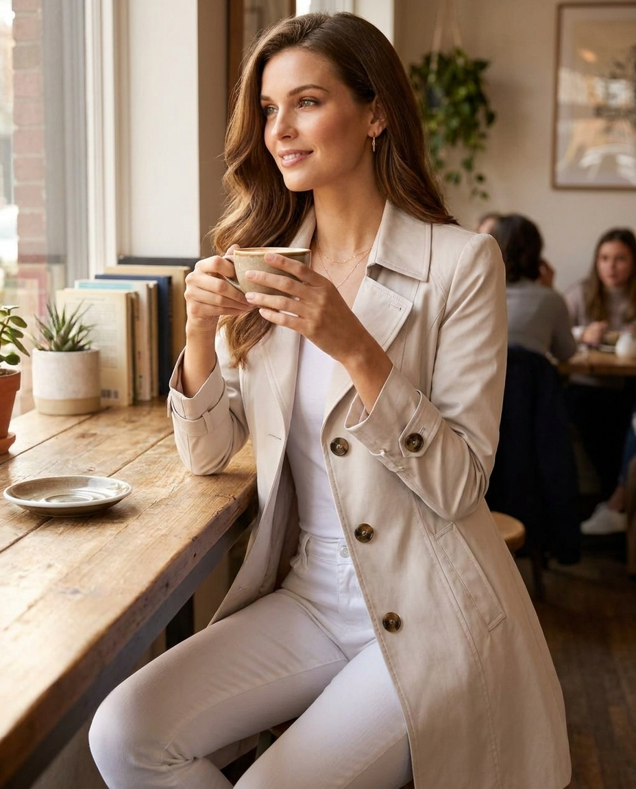 Tailored Trench | Women's Classic Tailored Trench Coat - styled at a cafe