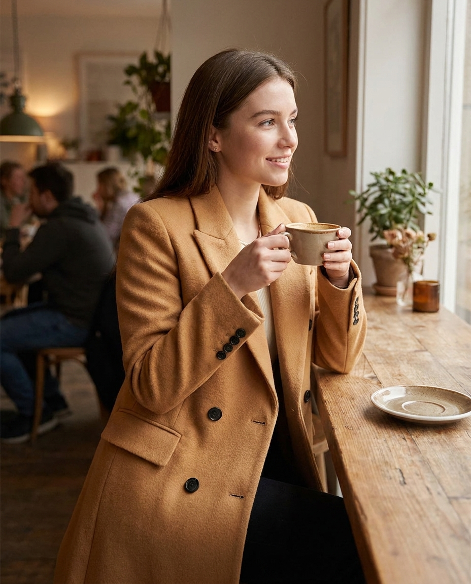 Tailored Wool | Women's Classic Wool Overcoat for Winter - styled at a cafe